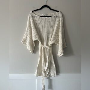 ALEXIS Cream Crochet Knit Dress XS/S Boho Bell Sleeve Tie Waist Resort Beach